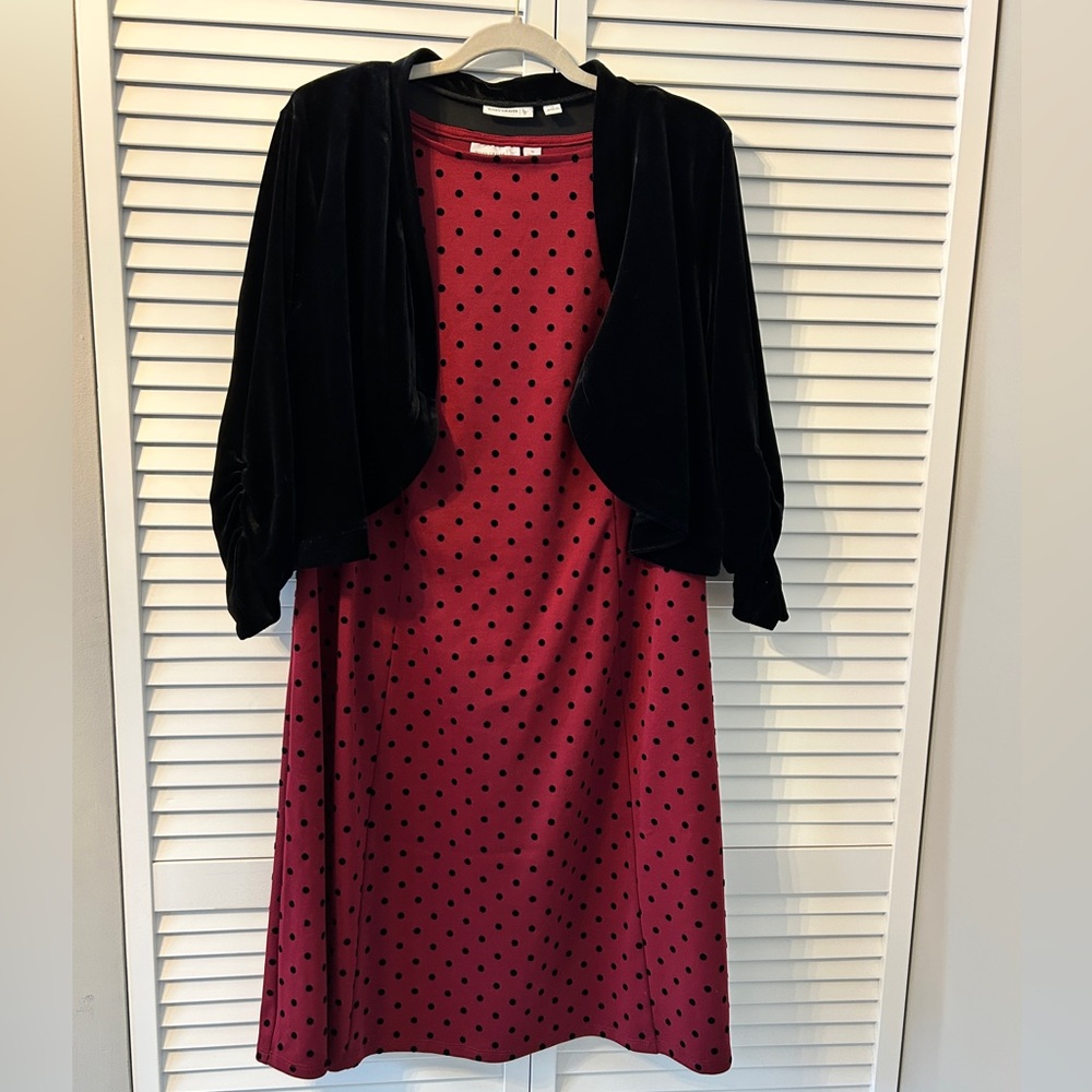 Susan Graver Burgundy & Black Velvet Polka Dot Dress w/ Velvet Bolero Jacket